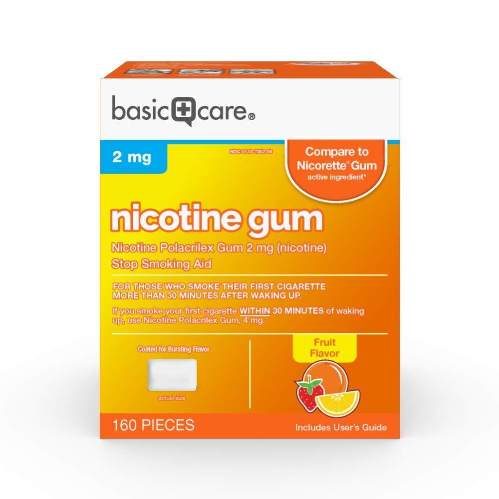 Photo 1 of Basic Care Coated Nicotine Polacrilex Gum, 2 mg (nicotine), Fruit Flavor, Stop Smoking Aid, 160 Count