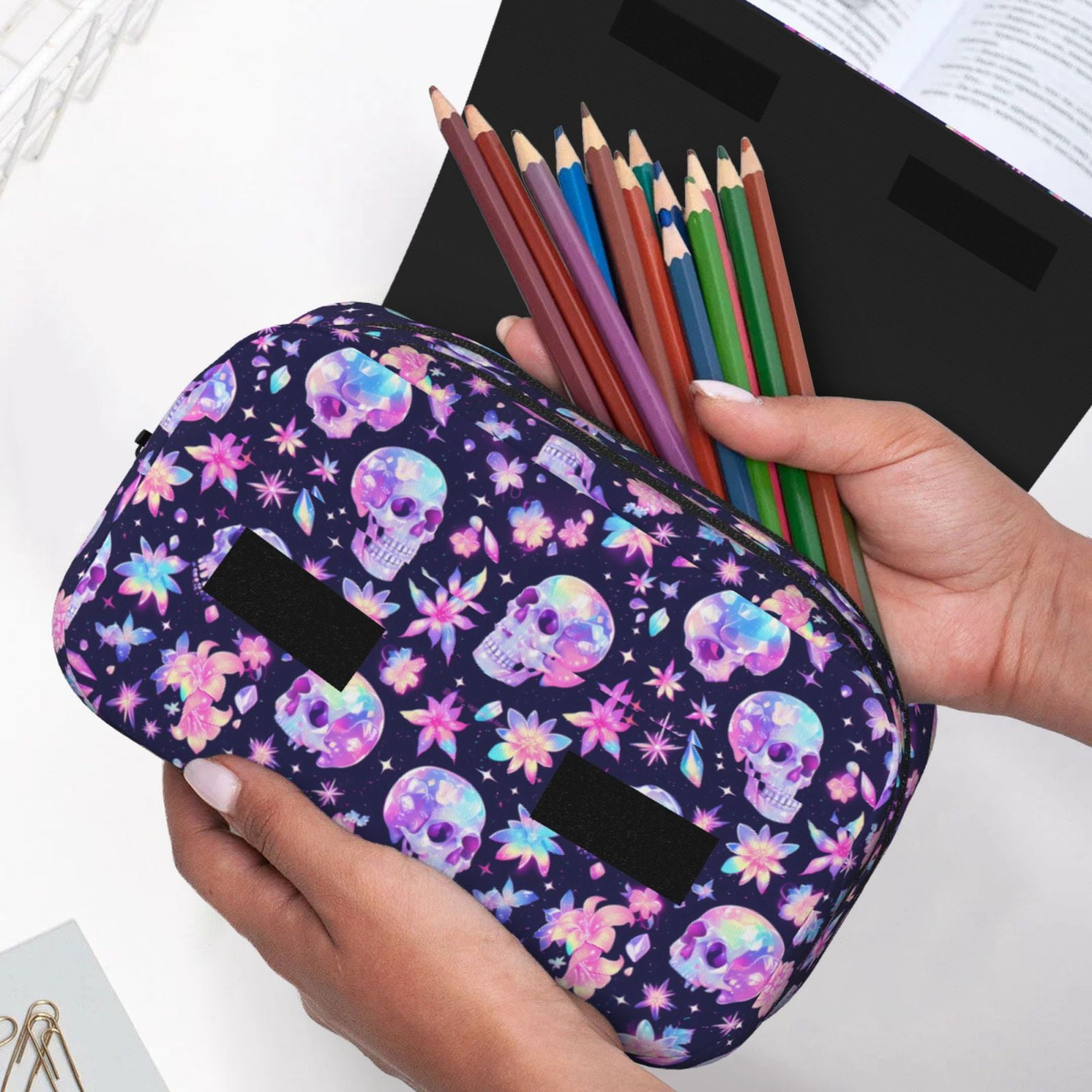 Rateoe crystal Skull flower cool Pattern Double Clamshell Pen Case, Storage Organizer with Two Zipper Compartments– Holds Up to 50 Pencils & Pens
