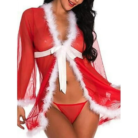 

Enjiwell Christmas Womens Babydoll Mrs Santa Lingerie Outfit Long Sleeve Underwear Nightdress Robe