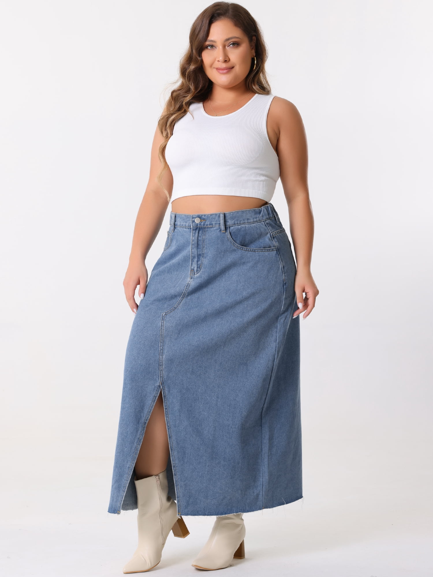 DARING DIVA Women's Plus Denim Maxi Skirt with Frayed Raw Hem 4X Blue