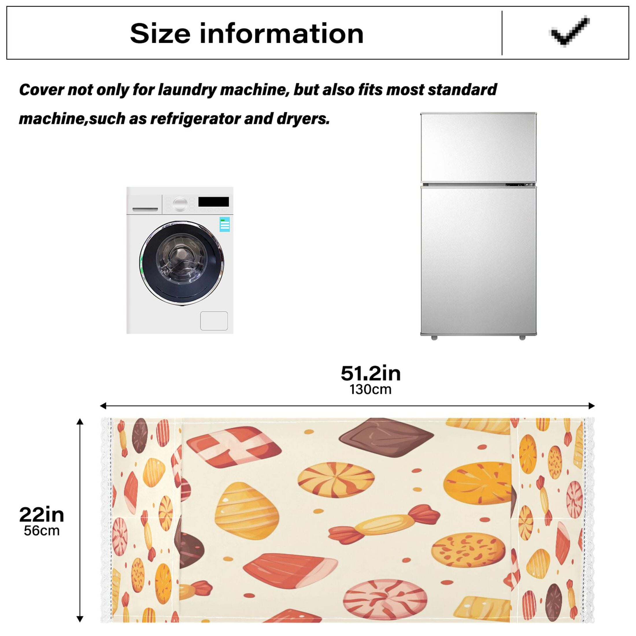 Candy and Snacks PatternWasher and Dryer Covers Dust-Proof and Oil Resistant Fridge Cover with 4 Storage Pockets Washing Machine Top Cover for Laundry Kitchen Home 51.2 x 22 In