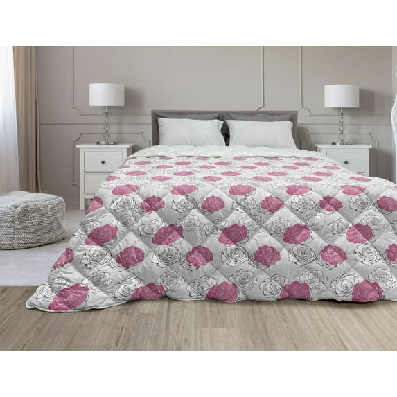 Nature Down Alternative Comforter, Minimalist Flower Pots Foliage with Geometric Influences on Polka Dots, Microfiber Quilt for All Season, 5 Sizes, Rose Charcoal Grey White, by Ambesonne