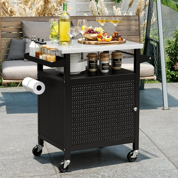 ModFusion 36" Portable Outdoor Kitchen Cart with Stainless Steel Top, Rolling Utility Storage Cabinet, Spice Rack & Towel Hooks