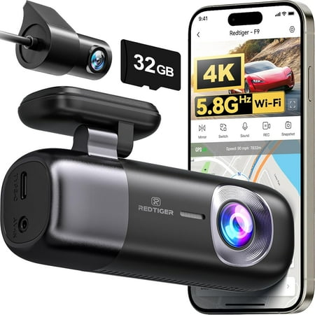 wooow shop F9 Dash Cam 4K Front and Rear 1080P, WiFi GPS Car Camera with 32GB Card, Dual Dash Camera for Cars, Loop Recording, Night Vision, Parking Mode, Smart App Control, Support 256GB Max