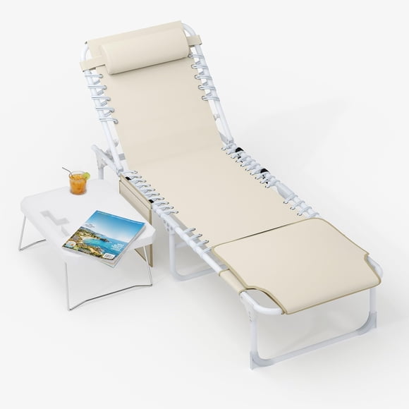 Beach Chair – 3-in-1 Face Holes – Outdoor Lounge – Folding Side Table – 5-Position Recliner – Lay Flat – Removable Pillow – 330 lb Max – Poolside, Patio, Camping & Backyard