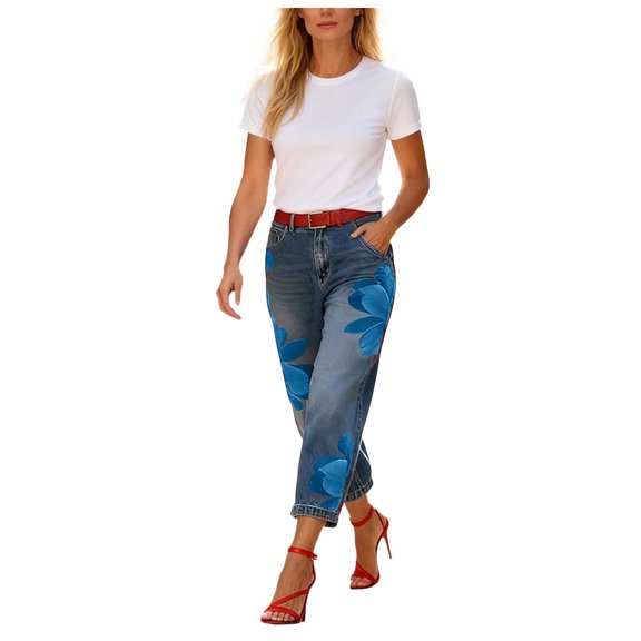OJSFQUFP Women’s Floral Print Wide Leg Cropped Jeans High Waisted Faux Casual Pants
