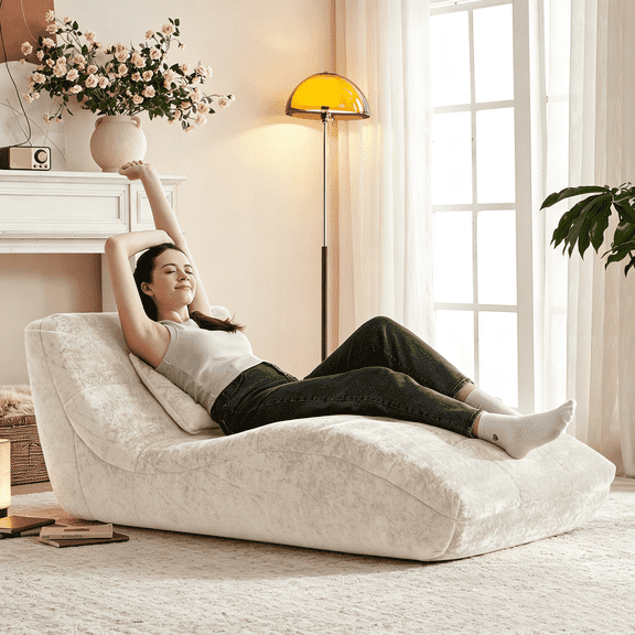 NBLDGT Chaise Lounge Indoor Furniture, Velvet Ergonomic Foam Lounge Chair with Pillow,Living Room Bedroom Sleeper Couch Sofa, No Assembly,Stretching & Relaxation,Beige