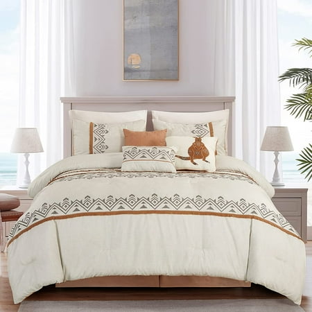 Chezmoi Collection Melbourne 7-Piece Boho Chic Geometric Embroidery Bedding Comforter Set, Queen