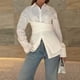 thumbnail image 4 of Blusa Informal de Mujer con Botones Al Frente, Cuello en V, Larga, Diseño Cruzado con Lazo, Ideal para el Trabajo Top Corto Elegante M, 4 of 9