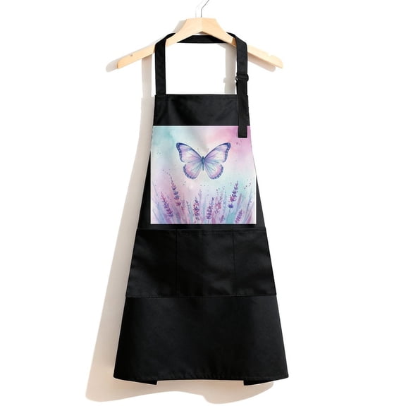 RKSupls Waterproof Bib Apron with 3 Pockets, Purple Lavender Butterfly Adjustable Neck Strap Soft 100% Polyester Water Resistant Apron for Kitchen Restaurant Home Use
