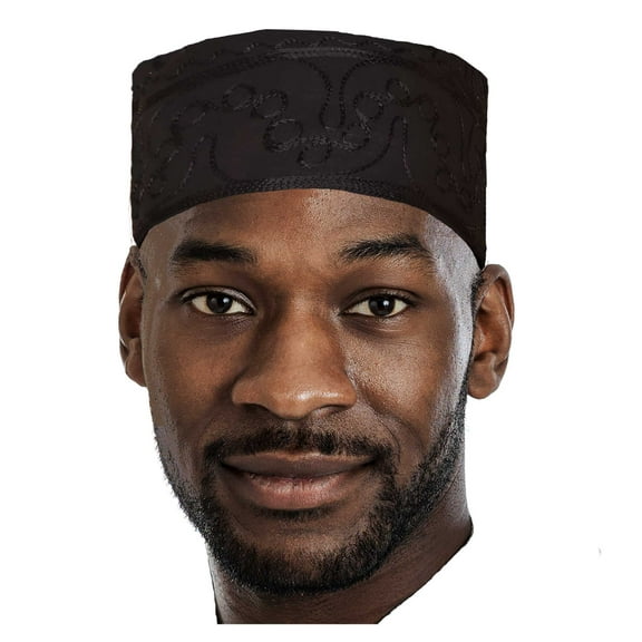 Black Adebo African Kufi Hat with Black Embroidery