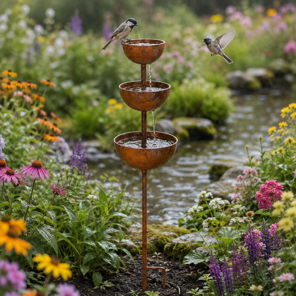 Lonmuju 3-Tier Metal Garden Stake Bird Bath, Rain Water Catcher and Butterfly Feeder, Outdoor Decorative Plant Support Yard Art