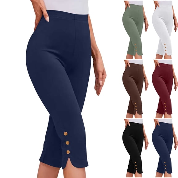 JOANKDMI Capri Leggings for Women stretch tummy control high waist Pull On eith buttons on bottom Yoga Slim Pants, S