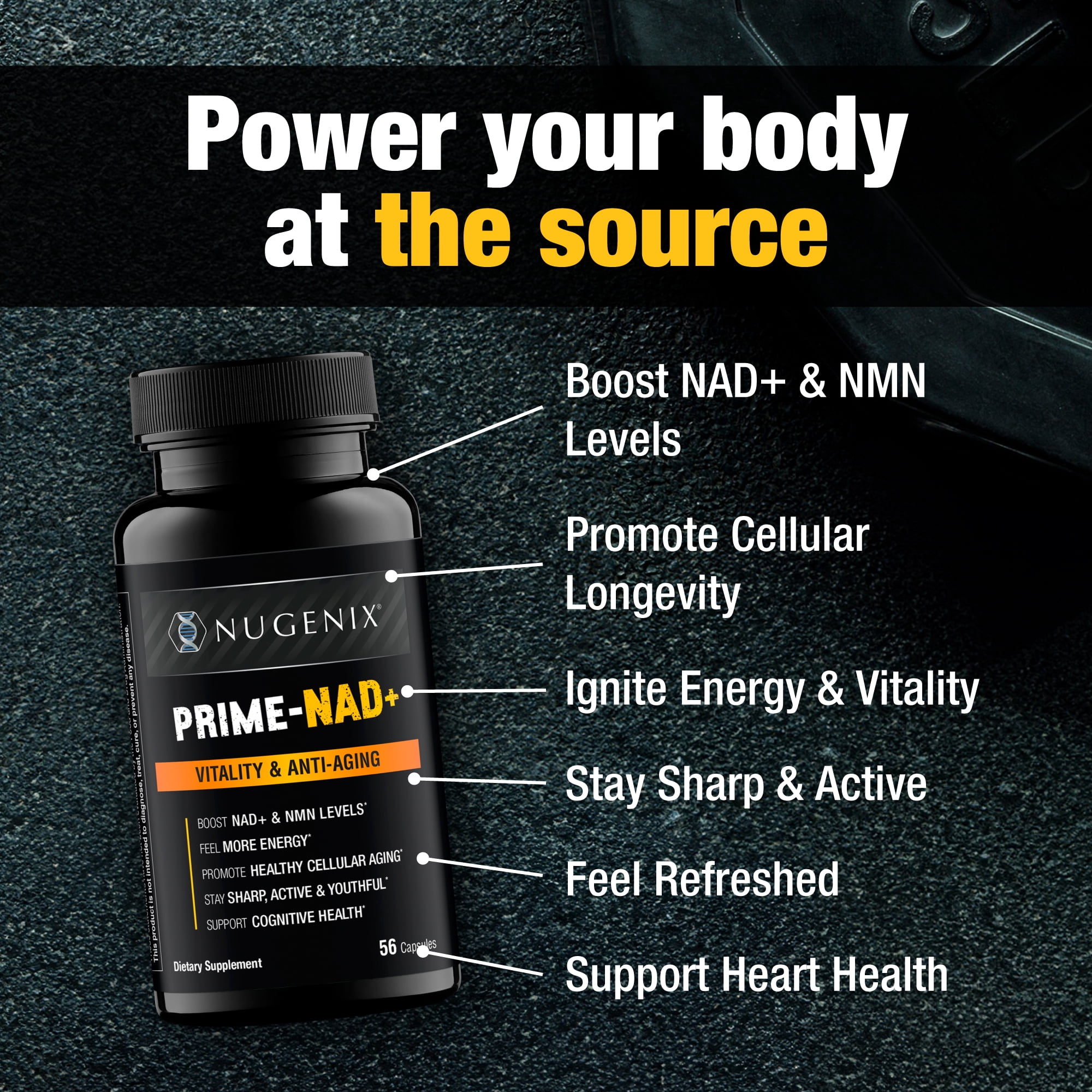 Nugenix® Prime-NAD+, with Resveratrol, Glutathione, & CoQ10, Boost NAD+ & NMN Levels for Anti-Aging, Cell Health & Energy, 56 Capsules