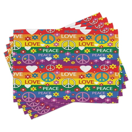 

Groovy Placemats Set of 4 Heart Peace Symbol Flower Power Political Hippie Cheerful Colors Festival Joyful Washable Fabric Place Mats for Dining Room Kitchen Table Decor Multicolor by Ambesonne