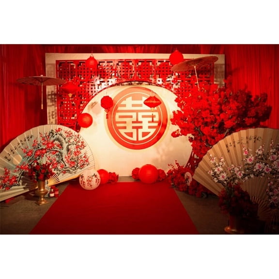 Chinese Oriental Wedding Red Backdrop Lantern Oil Paper Umbrella Bridal Show Birthday Photocall Photography Background Banner
