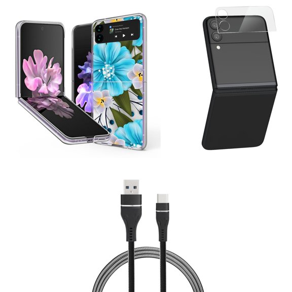 Bemz Premium Bundle for Samsung Galaxy Z Flip 3 5G: Slim Snap-On Protector Case (Blue Flower), Rear Camera Glass Protector, Nylon Braided USB-C to USB-A Cable (3 Feet)