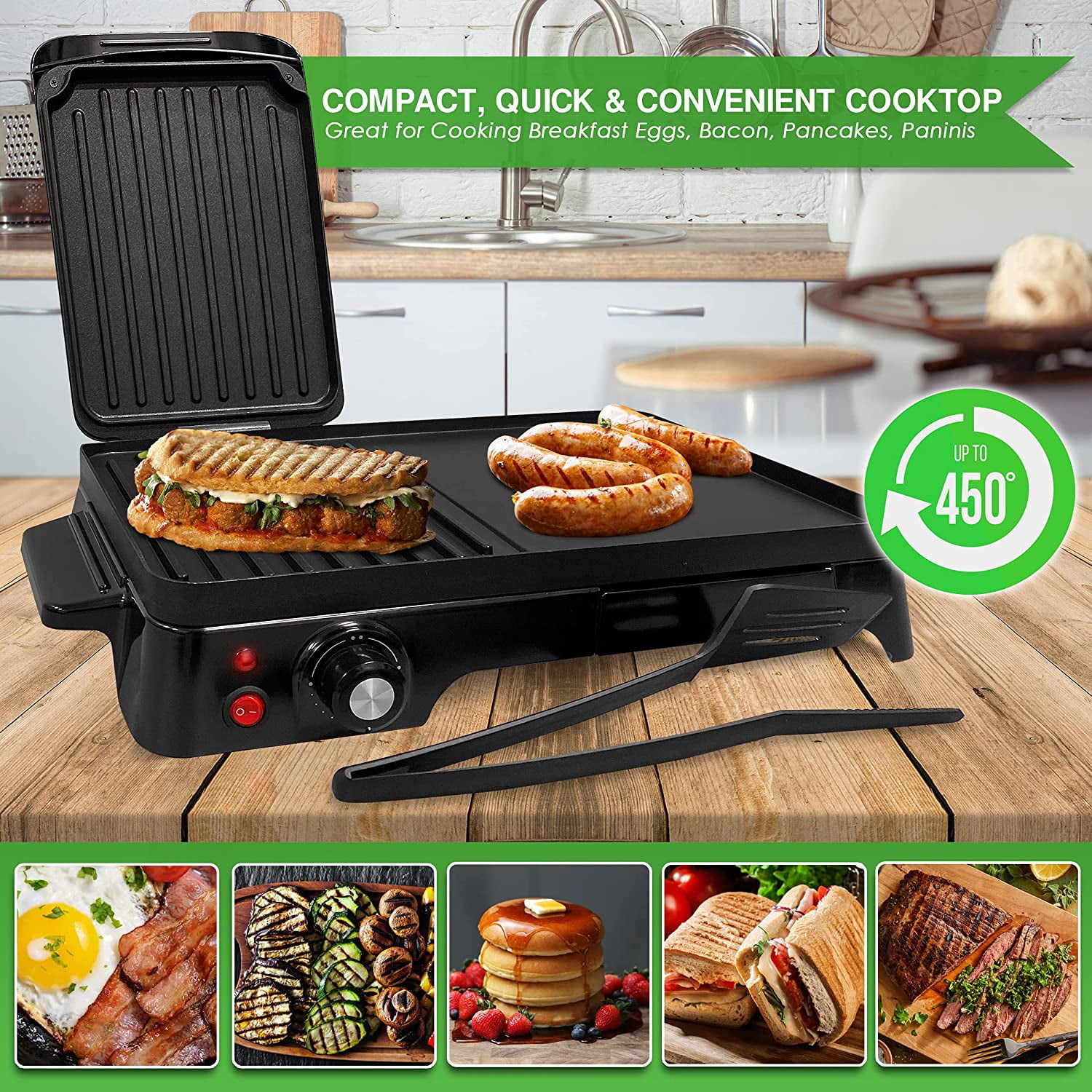 Nonstick Coating Temperature Control 2-in-1 Panini Press Grill Gourmet Sandwich Maker & Griddle NutriChef Oil Tray Countertop Removable Drip Tray 1500W