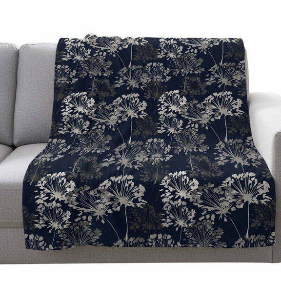Farmhouse Floral Fleece Throw Blanket Lightweight Navy Blue White Watercolor Dandelion Plants Fuzzy Flannel Throws Super Soft Cozy Flannel Blanket for Couch, Sofa, Bed, Travel 50"x60"