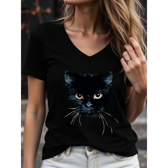 Stylish And Simple Elegant Cartoon Animal Black Cat Graphic Breathable 3D Print V-Neck Short Sleeve T-Shirt Casual Sports Shirt New Women's Short Sleeve Top