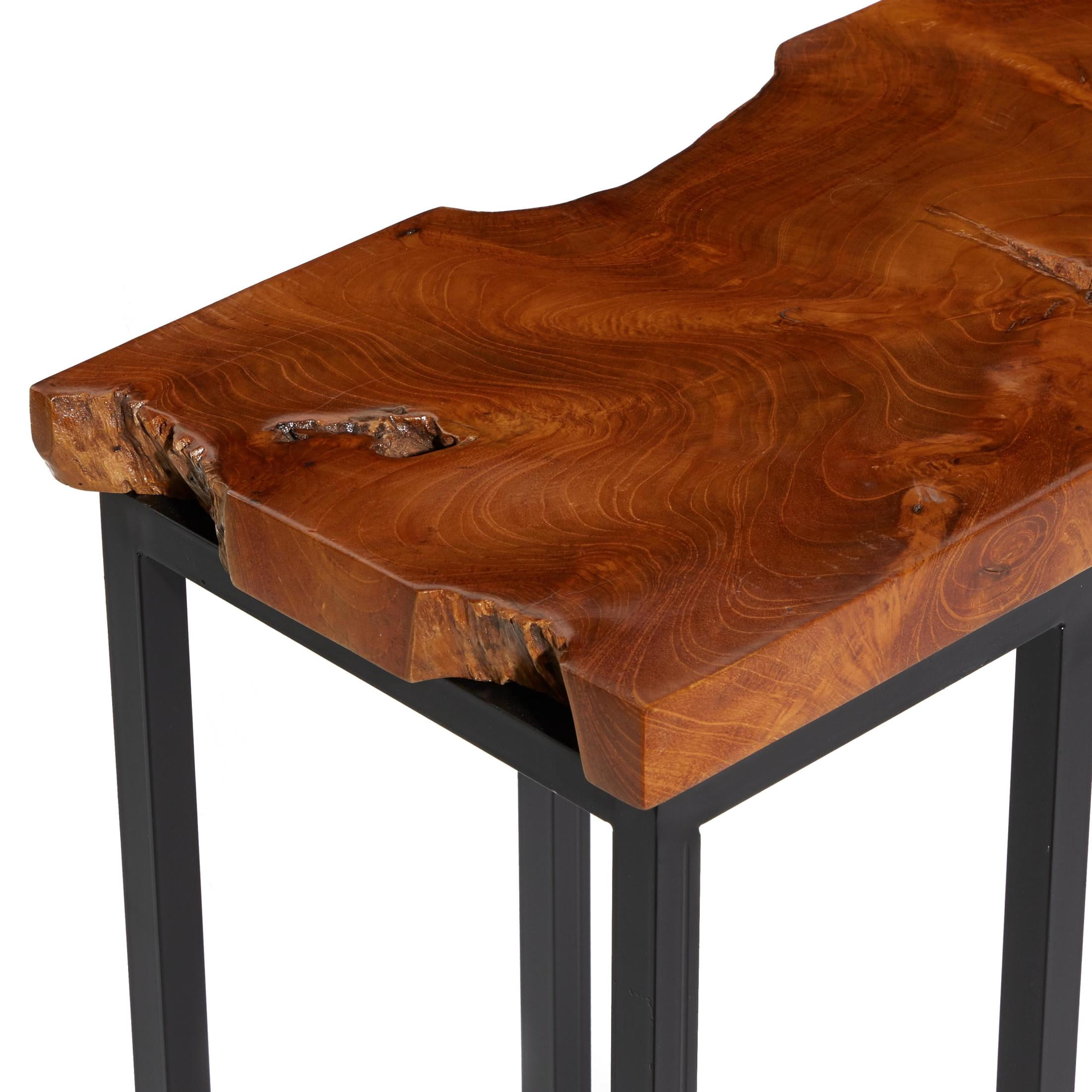 DecMode 11" x 25" Brown Teak Wood Live Edge Top Accent Table with Black Metal Base, 1-Piece