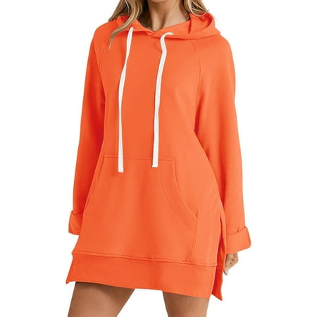 Summer Dresses For Women Solid Color Long Sleeve Pocket Hooded Medium Long Casual Loose Hoodie Dress Sundress Sportwear Red XL