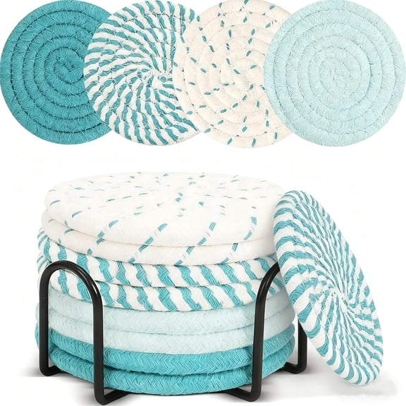 Light Blue Fabric Coasters Set of 8,Teal Christmas Coasters for Drinks,Absorbent Woven Coaster with Holder,Cloth Coaster for Christmas Decor,Housewarming Gifts New Home
