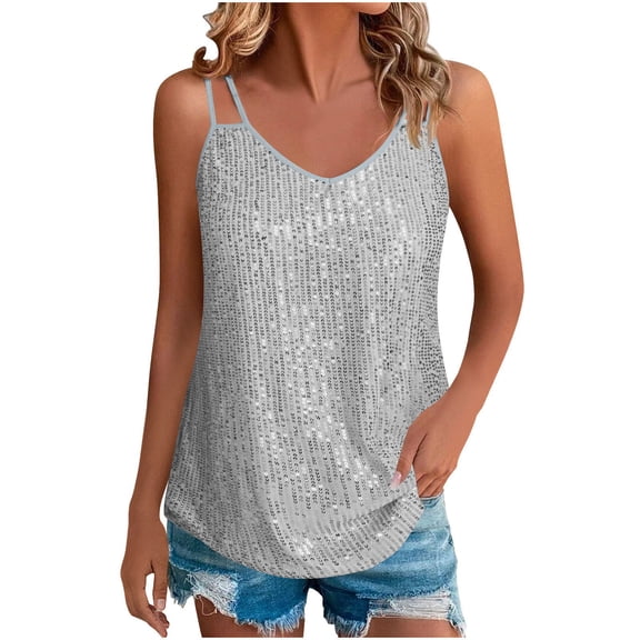 Felirenzacia Women’s Shimmer Sequin Tank Top Sleeveless Sparkly Party Night Out Clubwear Blouse, Silver,S (4)