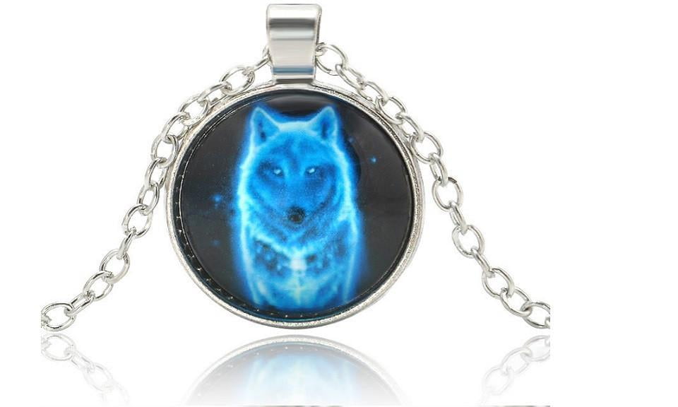Wolf With Moon Photo Cabochon Glass Tibet Silver Chain Pendant Necklace 