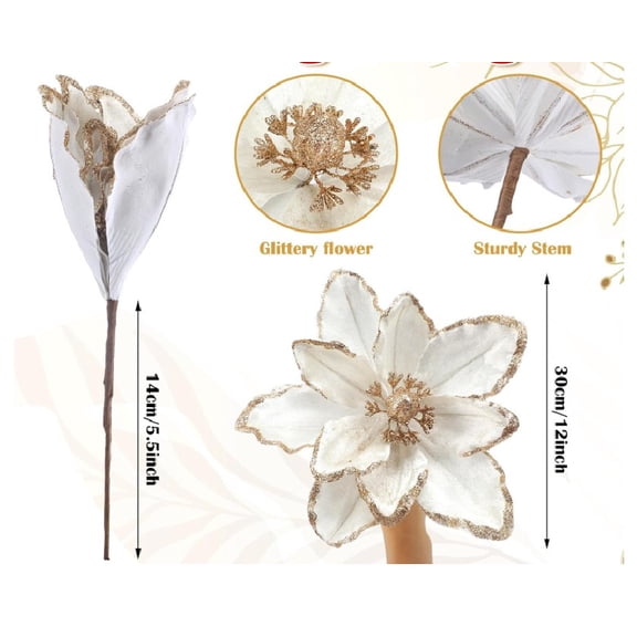 Rugerasy 12PCS Velvet Artificial Flowers,12 Inch Glitter Magnolia Flowers for Christmas with Pearls for Xmas Tree Decorations(Boxed),White