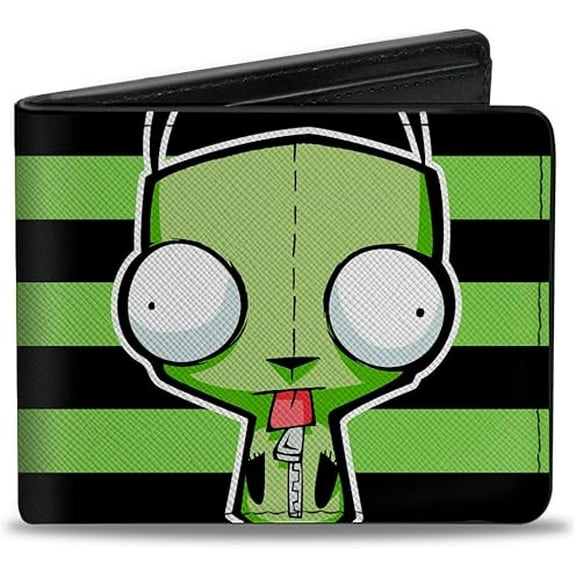 Nickelodeon Wallet, Bifold, Invader Zim GIR Pose Stripe Green Black, Vegan Leather
