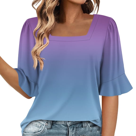 Sexlip Womens Short Sleeve Ombre Crew Neck T Shirt Gradient Design Breathable Fabric Relaxed Silhouette for Casual Outings Blue XL