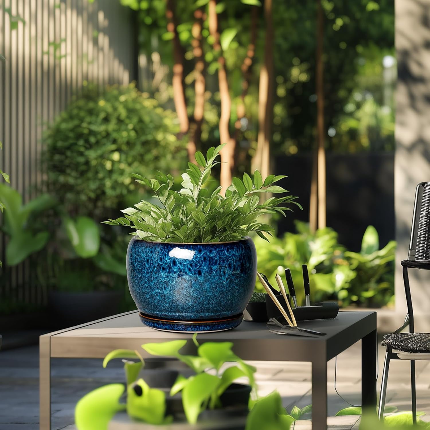 10 Inch Plant Pot - Ceramic Planter Pot with Drainage Hole and Saucer, Decorative Plant Pot for Indoor Outdoor Plants, Round Large Planter Flower Pot, Blue