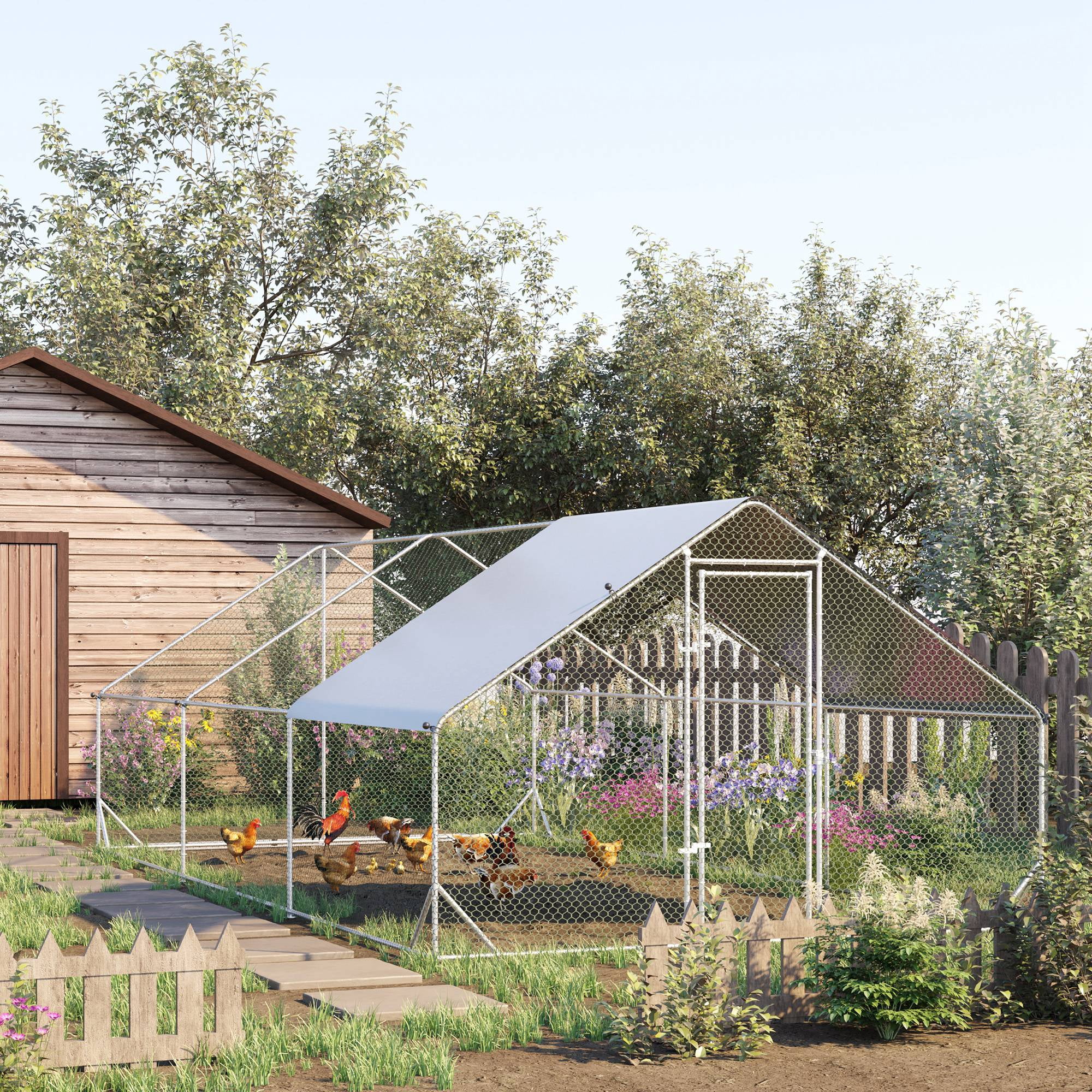 Large Chicken Coop Metal Chicken Run with Waterproof and Anti-UV Cover, Spire Shaped Walk in Fence Cage Hen House for Outdoor and Yard Farm Use, 1" Tube Diameter, 9.8' x 19.7' x 6.6'