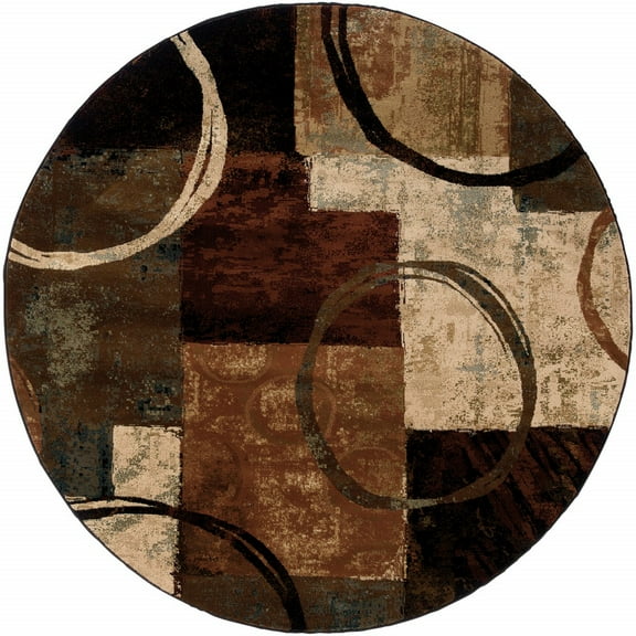 8â€™ Round Brown and Black Abstract Geometric Area Rug