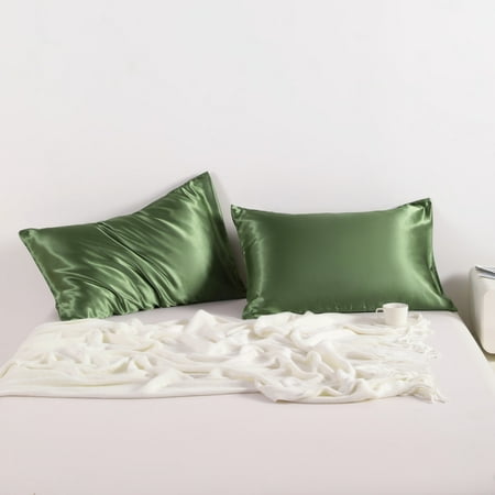 Flxxie Silky Satin Pillowcase Set of 2 Envelope Closure, Queen, 20" x 30", Olive Green