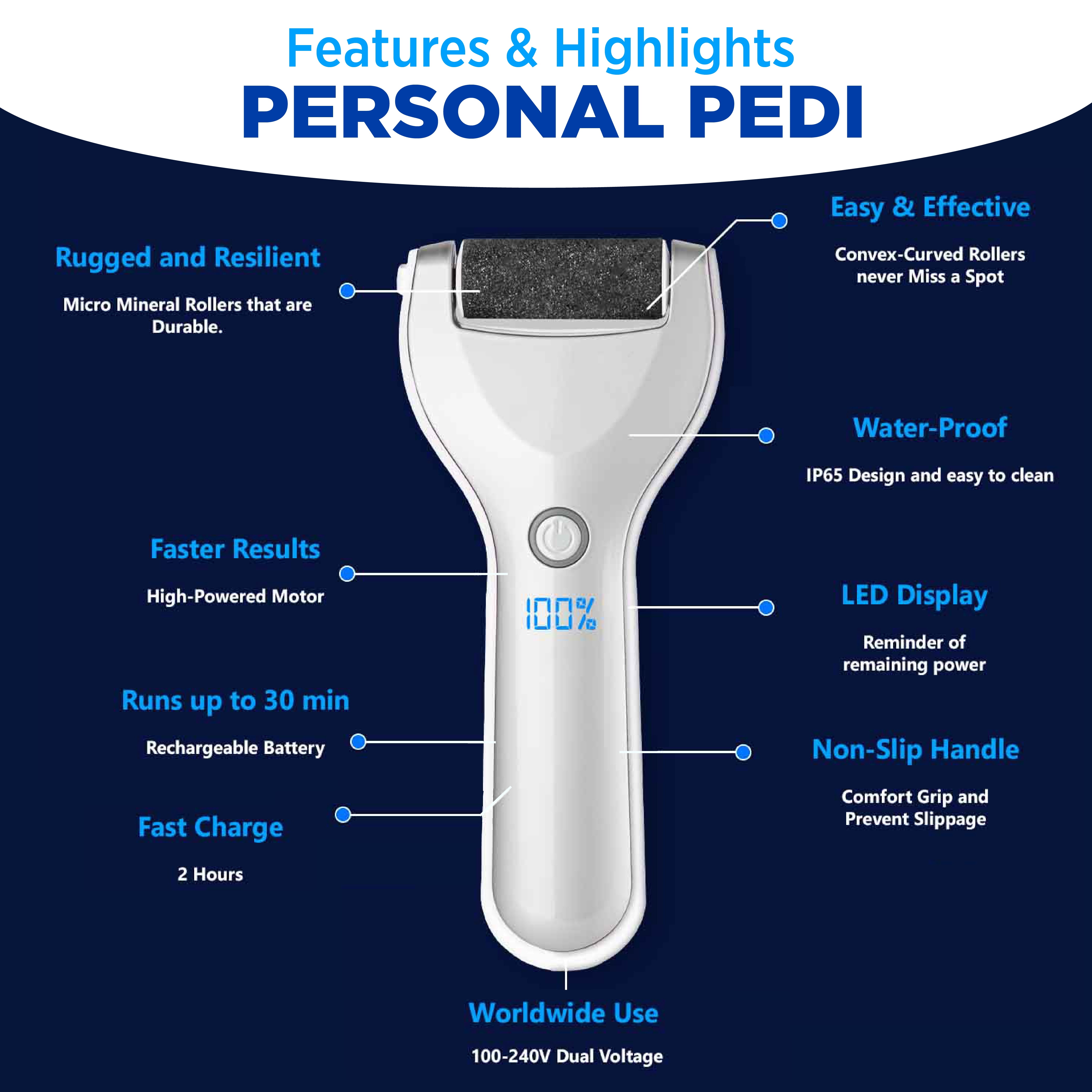 Bell + Howell Personal Pedi Electric Foot Callus Remover for Feet, Exfoliator Pedicure Foot File Scrubber,  Foot Scrubber, Rechargeable Waterproof
