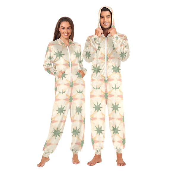 FORMRS Onesies Pajama for Adults Unisex Hoodie Winter Jumpsuit One Piece Sleepwear, Sizes S-2XL, Pastel Beige Geometric