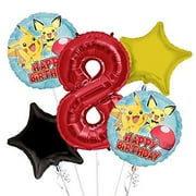 VIVA PARTY Pokemon Pikachu Happy Birthday Balloon Bouquet 8th Birthday 5 pcs - Party Supplies