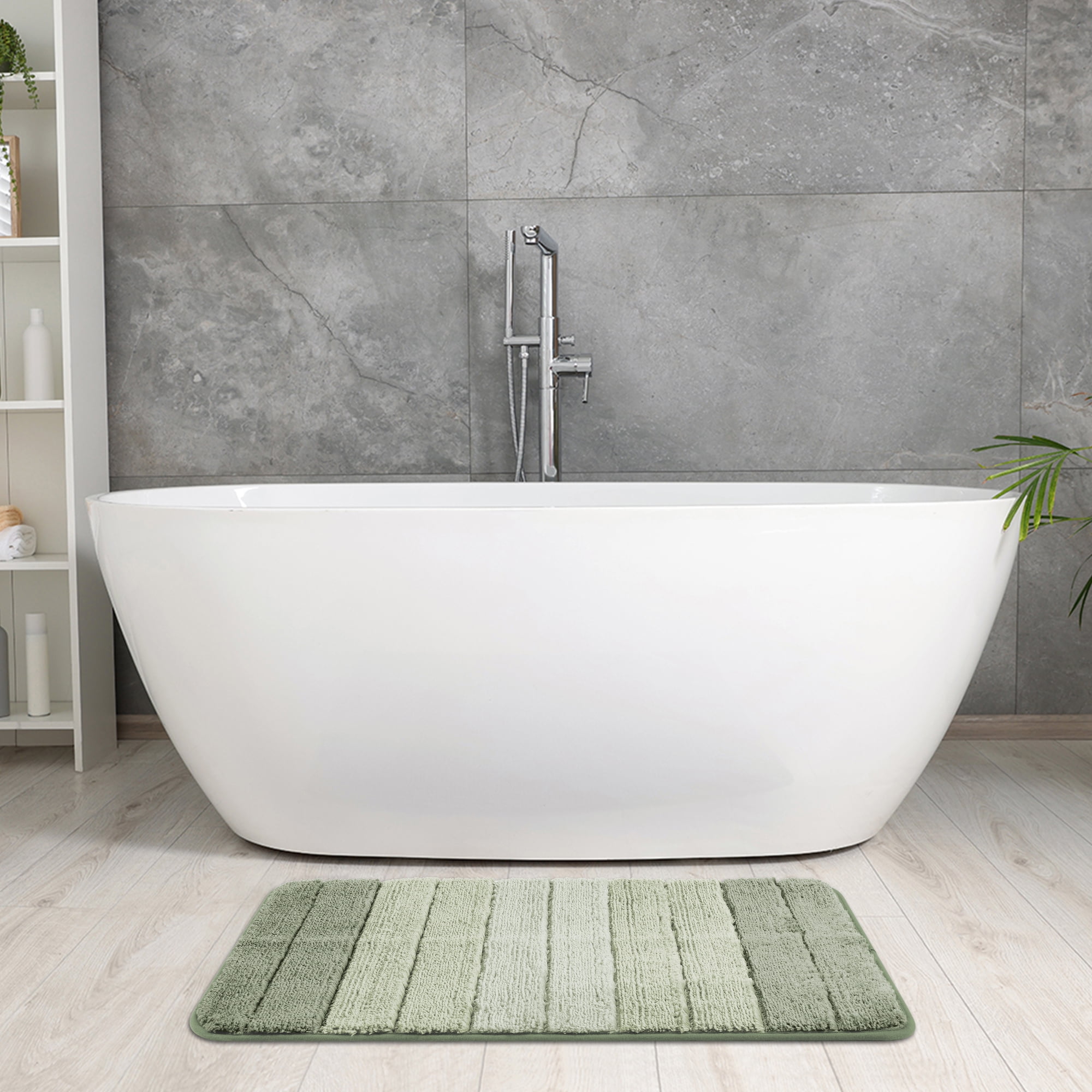 Unique Bargains Plush Gradient Striped Bath Rugs Microfiber Shaggy Mat with TPR Backing Green 16" x 24"