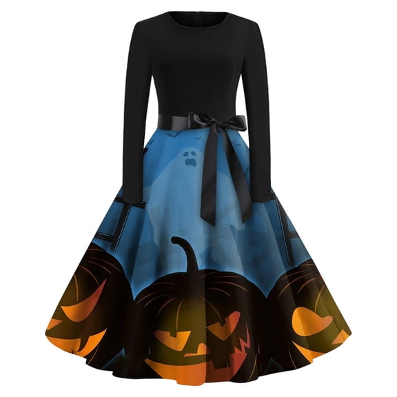 Bainana Womens Halloween Long Sleeve Party Dress Retro Pumpkin Print Maxi Dress Ladies Theme Party Crew Neck Dresses