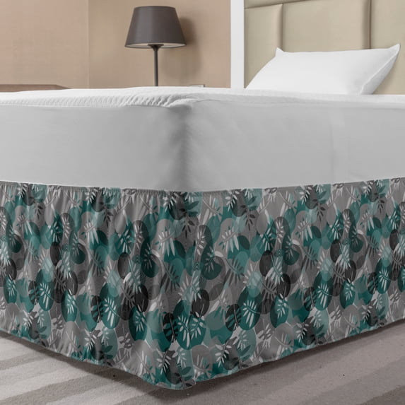 Exotic Bed Skirt, Jungle Forest Leaves with Circle Spirals and Rounds Exotic Geometric, Elastic Bedskirt Dust Ruffle Wrap Around for Bedding Decor, 4 Sizes, Hunter Green and Grey, by Ambesonne
