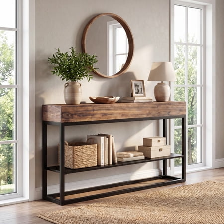 Tribesigns 63 Solid Wood Console Table 3-Tier Farmhouse Sofa Table with Storage Shelf Wooden Hallway Table for Entry Living Room Behind Couch