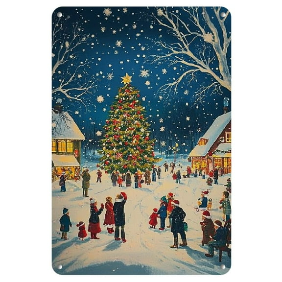 Vintage Village Christmas Metal Tin Sign- 8X12 Inch, Waterproof & Durable Iron Wall Art for Home, Bedroom, Bar, Cafe, Library & Garage Decor