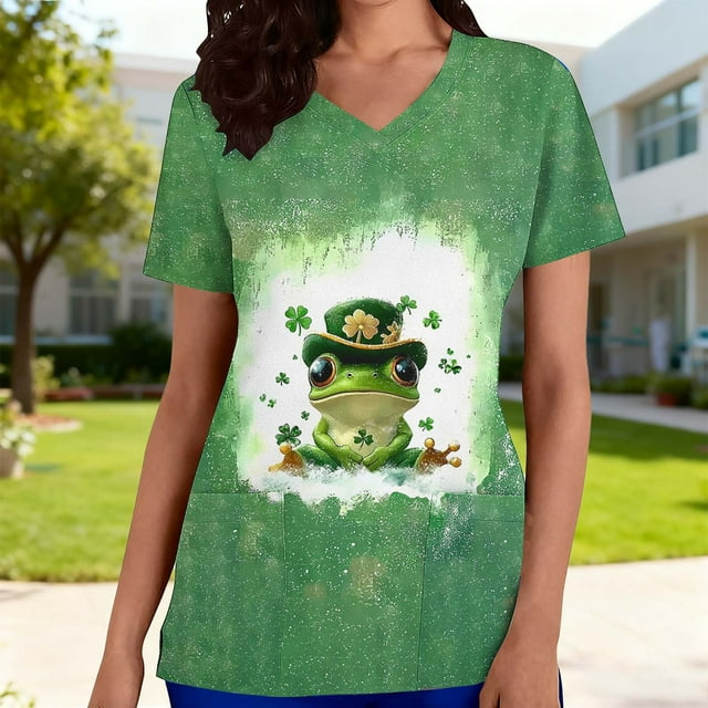 Mceream Nurse St Patricks Day Shirt for Womens Breathable Plus Size Nurse Working Uniform Shamrocks Print Scrub Tops V Neck Short Sleeve Fun Nursing Uniforms Green S