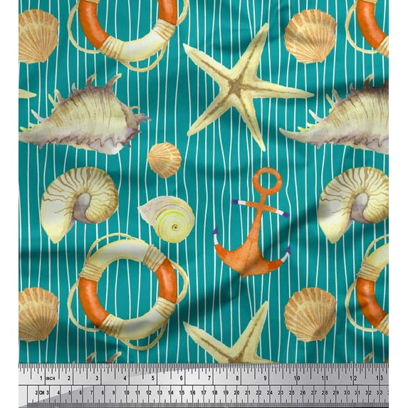 Soimoi Green Silk Fabric Stripe,Seashell & Starfish Ocean Fabric Prints By Yard 42 Inch Wide