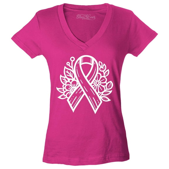 Shop4Ever Women's Breast Cancer Ribbon Flowers Slim Fit V-Neck T-Shirt XX-Large Pink
