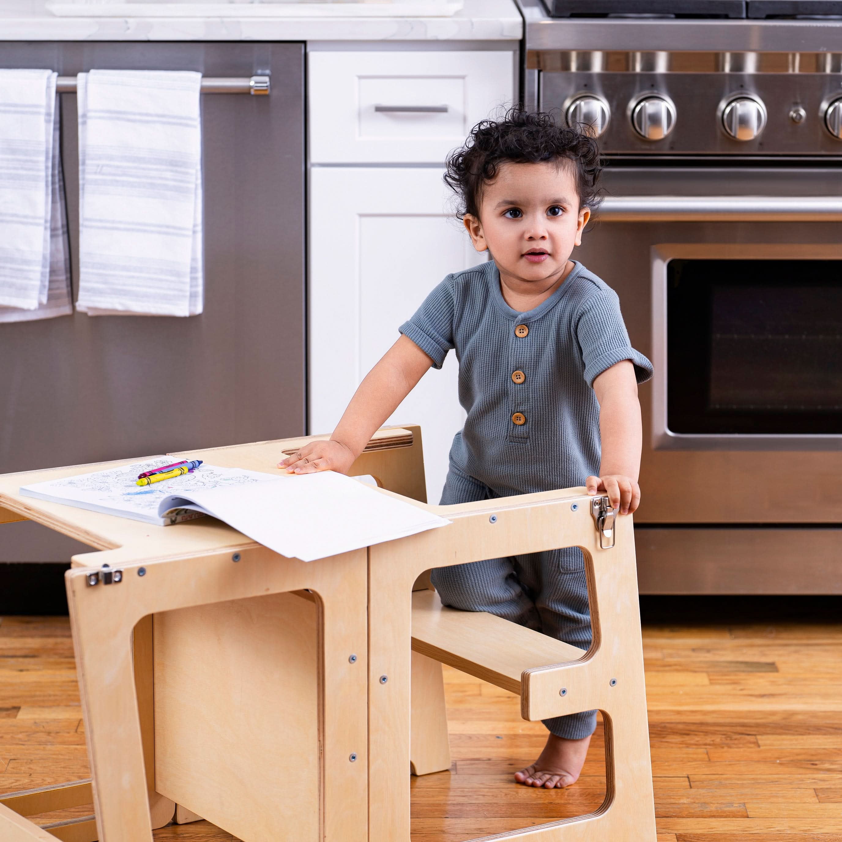 Avenlur Date 4-in-1 Foldable Kitchen Tower - Toddler Step Stool with Chalkboard, Desk Table and Chair - Waldorf and Montessori Kitchen Stool - Kitchen Stool Tower for Toddlers 18 Months to 6 Years