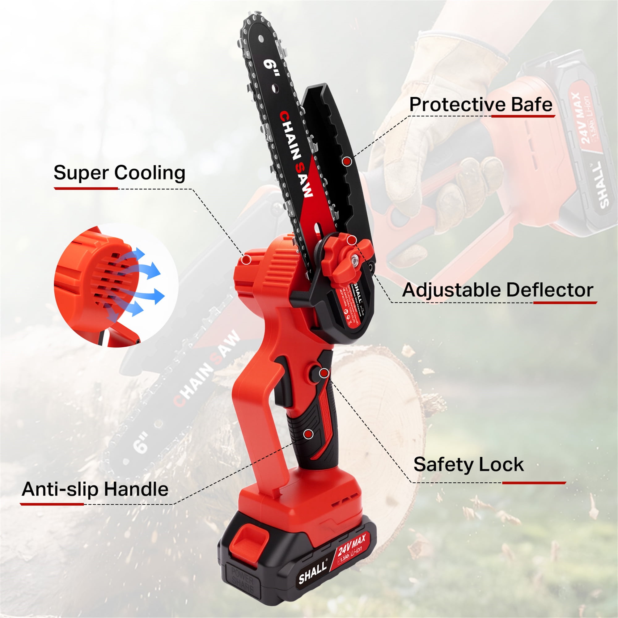 SHALL Mini Chainsaw Cordless 6 Inch & 4 Inch, 24V Portable Electric Chainsaw, Handheld ChainSaw  2 Batteries 4 Chains for Tree Branches,Courtyard,Household and Garden
