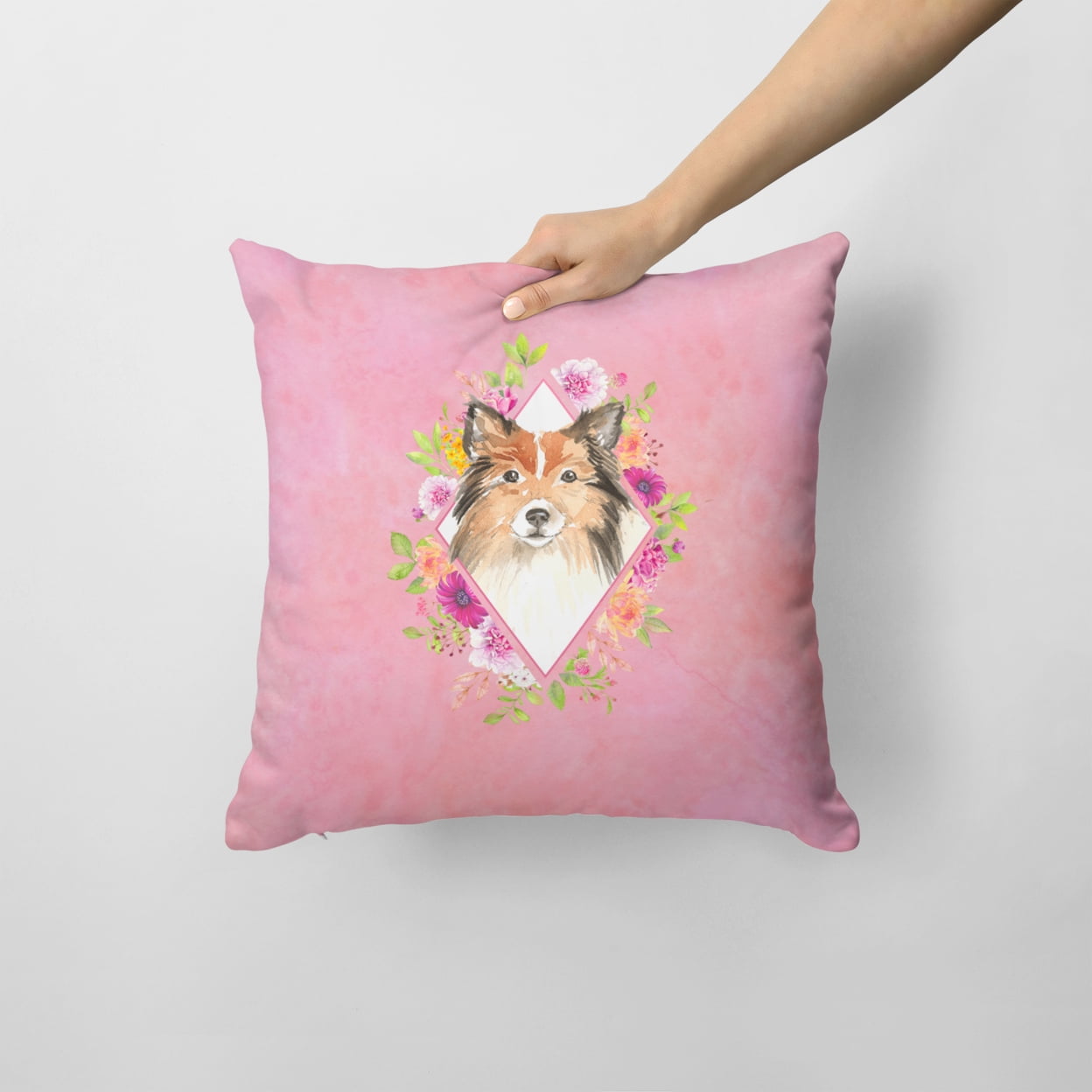 Sheltie Pink Flowers Fabric Decorative Pillow